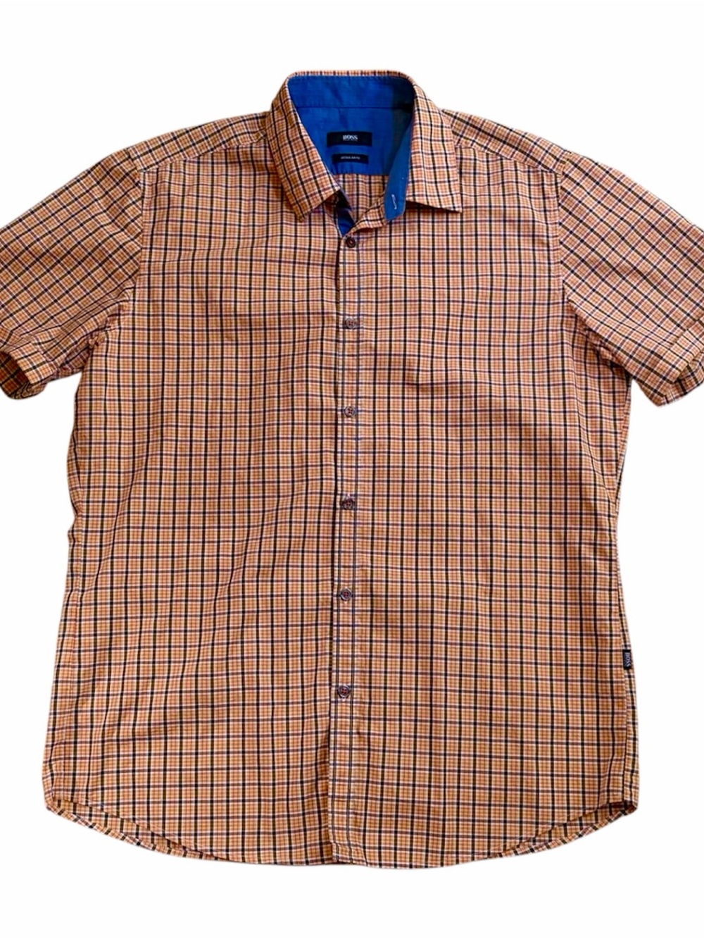 BOSS by Hugo Boss short-sleeve button-up shirt Orange Blue Plaid Large cotton